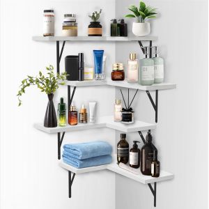 CAUC-Lot de 4 &eacute;tag&egrave;res murales d'angle flottantes en bois pour chambre &agrave; coucher, salon, salle de bain, cuisine - Style rustique moderne - Blanc - Neuf