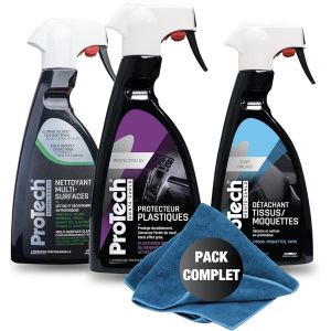 MEVRONISSHOP-MC I Kit Nettoyage Int&eacute;rieur Voiture - 3 Sprays 500 ml, Multi-Surfaces + Protecteur Plastiques + D&eacute;tachant Tissus & Moquettes - Avec Chiffon Microfibre - Made in France - Neuf