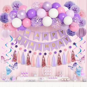 KALANKA-Ballons Violets Roses Décorations de Fête D'anniversaire 66Pièces Papillon Thème Fille Bannière HAPPY BIRTHDAY Pastel Macaron Violets Papillon Spirale Pendentif Lanternes Papier Anniversaire - Neuf