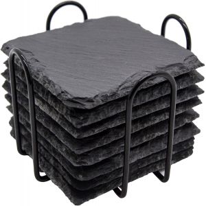 Sous-Verres Avec Support En Métal, 4 Pouces 8 Pièces En Pierre Noire-Verres En Vrac De La Coupe Du Coaster Set Pour Le Bar De La Cuisine Maison, Appartement,Place - Neuf