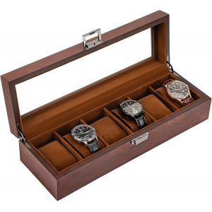 Kal-Boite À Montre En Bois Antichoc, Coffret Montre Homme Avec 6 Emplacements Coussins Montre, Rangement Montre Avec Couvercle En Verre, Pour Passionné D`Horlogerie -Marron - Neuf