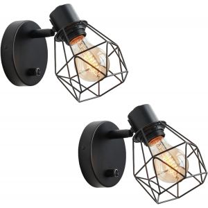 Lot De 2 Appliques Murales Int&eacute;rieur Dimmables E27 Noir M&eacute;tal &iquest; Applique Murale Vintage Avec Interrupteur,Abat-Jour Orientable Pour Couloir,Chambre,Salon (Sans Ampoules) - Neuf