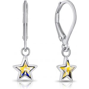 Kal-Boucles D'oreilles Dormeuses Pendantes En Argent Fin 925 Et Étoiles En Cristaux De Swarovskielements - Diamètre: 7 Mm - Neuf