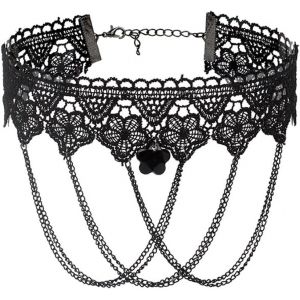 Kal-Collier Ras Du Cou En Dentelle Noire Avec Pendentif En Cristal - Style Gothique Creux - Accessoires D'halloween Pour Femmes Et Filles - Neuf