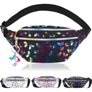 RFCBC-Sac Banane Holographique Femme, Sacoche Banane Ville Imperméable Cuir PU, Sac de Taille Réglable avec Pendentif Papillon Porte-clés pour Filles Voyage Randonnée Camping Les activités de Plein a - Neuf