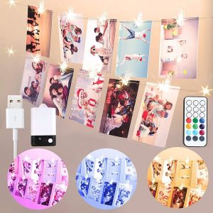 TRAHOO-Guirlande lumineuse multicolore pour chambre - USB et batterie - 2 m - 20 LED - Avec 20 pinces pour photos avec t&eacute;l&eacute;commande - 10 couleurs - Cadre photo pour d&eacute;coration de No&euml;l - Neuf