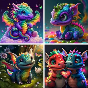 Ayuhr-4 Pack 5d Diamond Painting Dragon, Kit De Peinture Diamant Complet Animaux, Diy Diamant Peinture Kit, Diamant Arts Craft Canevas Artisanat Maison Décoration Murale Decor 30x30cm - Neuf