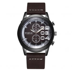 Montre-Bracelet A Quartz Pour Homme, Simple Et Tendance, Avec Bracelet En Pu, Marron Fonce - Neuf
