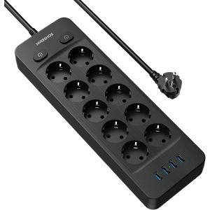 Multiprise Electrique (16A/4000W), Multiprise 10 Prises avec 4 Ports USB, Bloc Multiprise Parafoudre et Surtension avec Interrupteur, C&acirc;ble 2Mpour Maison Bureau,Noir - Neuf