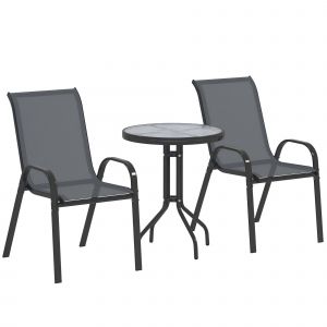 Ensemble Bistro De Jardin 3 Pi&egrave;ces - 2 Chaises, Table Ronde Plateau Verre - Acier Textil&egrave;ne Anthracite - Neuf