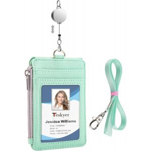 KALANKA-Porte Badge tour de Cou - avec Cordon Rétractable, Cuir PU, 4 Emplacements pour Cartes, Porte Carte avec Poche à Glissière, Design Vertical, Vert Aqua - Neuf