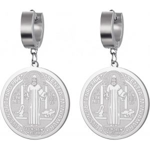 Kal-Boucles D'oreilles Catholiques Saint Benoît Pendentif Saint Benoît En Acier Inoxydable Jésus Croix Religieux Amulette De Force Paix Prière Bijoux Pour Hommes Femmes - Neuf