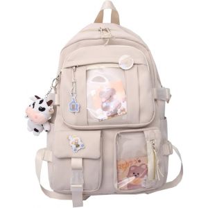 Sac à dos avec épingles Sac à dos scolaire Mignon Sac à dos esthétique Mignon Sac à dos scolaire (beige, avec Accesso - Neuf