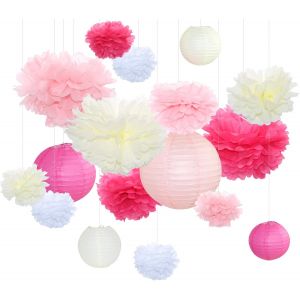 Cmjaagur-Papier De Soie Pompons, Lampion Papier, Blanc Boule De Fleur En Papier, Pour F&ecirc;te D'anniversaire De Mariage Baby Shower De Mariage De Douche D&eacute;corations De Festival, Lot De 17, Rose[M782] - Neuf