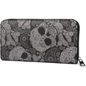 CAUC-Porte-Monnaie pour Femmes avec imprim&eacute; Paisley t&ecirc;te de Mort, Fermeture &agrave; glissi&egrave;re, Portefeuille 02040118, Couleur:Noir - Neuf