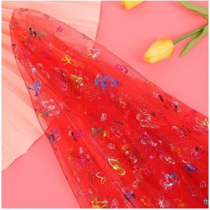 Tissu En Tulle À Paillettes-2 M X 150 Cm-Vendu Au Mètre-Motif Papillons-Pour Décoration D'intérieur,Mariage,Robe,Costume,Accessoires-Rouge - Neuf
