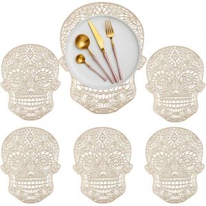 Eryi-Lot De 6 Sets De Table Ajourés En Forme De Tête De Mort En Vinyle Pressé Métallisé, Résistants À La Chaleur Pour Décoration De Table De Fête, Halloween, Dîner, Style A Doré - Neuf