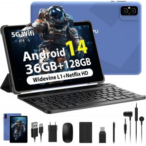 Kalws-10 Pouces Tablette Android 14,36gb Ram+128gb Rom(Tf 1tb),5g+2.4g Wifi,1280x800 Hd,Widevine L1|8mp+5mp|8000mah|Bluetooth 5.0|Gms|Tablette Tactile Avec Clavier,Souris Et Étui-Bleu - Neuf