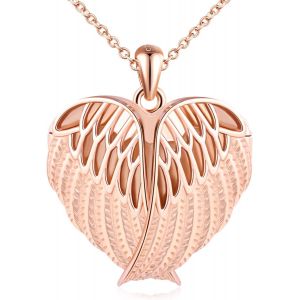Collier Photo M&eacute;daillon Coeur En Argent 925 Femme Fille Pendentif Locket De Plume - Ailes D'ange Breloque Ouvrable Collier Amulette M&eacute;morial Bijoux El&eacute;gant - Neuf