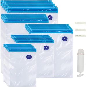 JEXNOVASHOP-20 Pcs Sac Sous Vide Alimentaire R&eacute;utilisable, Sans BPA Sac Mise Sous Vide Alimentaire Reutilisable avec Pompe Manuelle et Clips D'&eacute;tanch&eacute;it&eacute; (5 Tailles) - Neuf