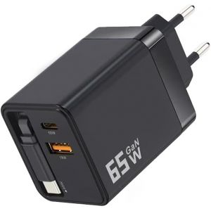 LORANKA-65W Retractable Wall Charger with USB C Cables, USB C Charger Adapter Block GaN PD PPS 45W Fast Charging Station for iPhone 17/16, iPad, Samsung Galaxy, Type C Dual Port Portable Home Office - Neuf