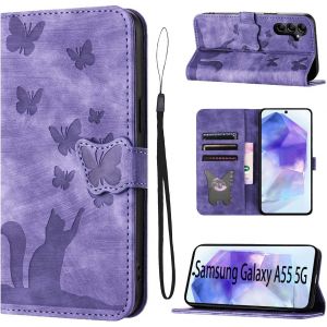 Kal-Housse Protection Pour Samsung Galaxy A55 Matériau En Cuir Pu Coque Samsung A55 5g Avec Fentes Pour Cartes Étui Motif Papillon Chat Coque Samsung A55 Violet - Neuf