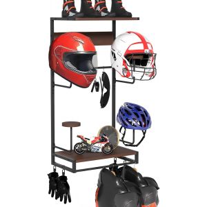 Wall Mounted Motorcycle Helmet Holder, Retro Helmet Holder With 2 Wooden Boards, 4 Helmet Mounts For Tactical Vest, Helmet, Plate, Motorcycle, Football And Cycling Equipment, Dark Brown - Neuf
