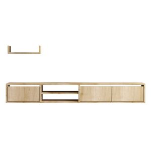 Meuble TV suspendu avec &eacute;tag&egrave;re murale en bois "Heka" - 180 x 30 x 25 cm - Beige - Neuf