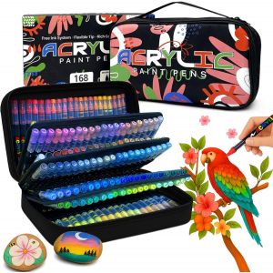 Mevronisshop-168 Marqueurs Acryliques T&ecirc;te De Brosse De 1 &Agrave; 5 Mm&iquest;Bo&icirc;te Cadeau Et Fourre-Tout Assortis&iquest;Feutre Acrylique Pour Peinture Sur Roche, Verre, Tasses, Bois, M&eacute;tal, Toile Bricolage - Non Toxiq - Neuf