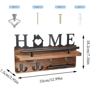 Porte-Clés Mural En Bois, Plaque À Clés Avec Étagère, Porte Clef Mural Avec 5 Crochets, Accroche Clef Décoratif, Rangement Clef Mural, Pour Entrée, Couloir, Salon - Neuf