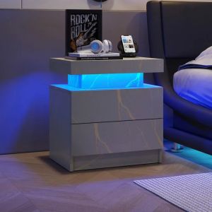 Table de nuit LED Table de chevet Cabinet Lumineux Moderne avec 2 Tiroirs pour Chambre &agrave; coucher (Gris Or) - Neuf