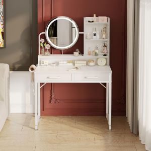 SUBZONAL-Bureau Coiffeuse avec Miroir LED, avec Miroir R&eacute;glable en Hauteur pour 120-180 cm, 2 Tiroirs en Tissu et 4 Compartiments Ouverts, 80&times;40&times;136cm Coiffeuse Blanche - Neuf