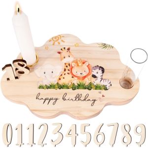 Kalanka-Bougeoir En Bois Anniversaire Support Pour Bougie Porte Bougie De Motif Animaux Lion Cadeau D`Anniversaire Chauffe Plat En Forme De Nuage Avec Num&eacute;ro 0-9 D&eacute;coration De Table Cadeau Anniversai - Neuf