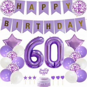 Décoration D'anniversaire 60 Ans Homme Femme Violet Décoration De Gâteau D'anniversaire Violet Blanc Décoration 60e Anniversaire Fête 60 Ans Homme Femme Décoration Cadeau 60 Ans - Neuf