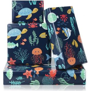 Papier D'emballage D'anniversaire Océan Pour Enfants Filles Garçons, Sous L'eau Animal Design Papier Cadeau Pour Anniversaire Baby Shower Fête Des Enfants, 4 Feuilles 50 X 70 Cm Par Feuille - Neuf