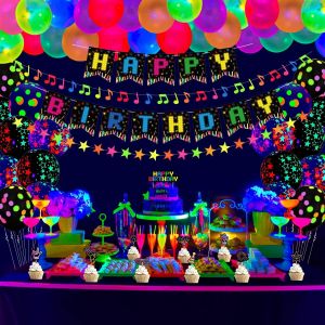 68 PCS Glow Party Supplies Set Glow in the Dark Birthday Banner UV Black Light Reactive Cake Topper Swirls Glow Ballons Étoiles au néon Note de musique Étoiles Guirlandes Décorations de fête au néon - Neuf