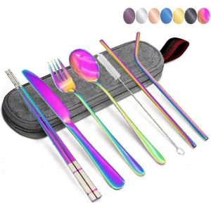Set De Couverts De Camping - Couverts Portables En Acier Inoxydable 304 Avec &Eacute;tui Et Paille,Paille Droite,Couteau - Neuf