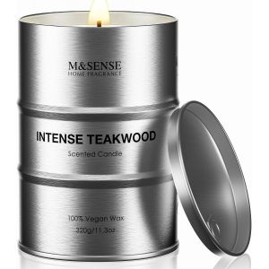 Bougie parfum&eacute;es Bois de Teck Intense|320g,Ar&ocirc;me profond et forestier 70h,Bougies noires bio pour bureau masculin,Cadeau papa pour passionn&eacute;s de design naturel - Neuf