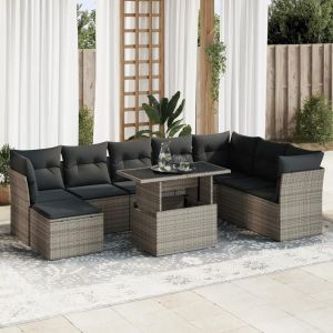 Salon De Jardin 9 Pcs Avec Coussins Gris Résine Tressée - Neuf
