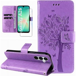 KALANKA-Coque pour Samsung Galaxy A26 5G Etui Portefeuille Cuir avec Verre Tremp&eacute; Motif Porte Carte &agrave; Rabat Clapet Housse Protection Flip Case &Eacute;tui Coque pour Samsung Galaxy A26 5G-Violet - Neuf