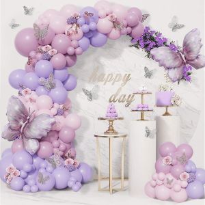 AYUHR-Ballon Guirlande Kit, 96 Pièces Kit Arche Ballon Anniversaire Rose Violet, Kit Anniversaire Fille Ballons Anniversaire Violet Ballon Papillon pour Decoration Anniversaire, Baby Shower, Mariage - Neuf