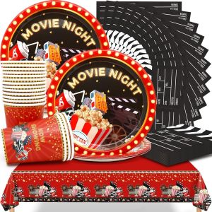 Checarzhn--No1-Vaisselle De Fête Soirée Cinéma,53 Pièces Vaisselle De Fête Soirée Cinéma Comprendre Assiette À Dessert, Tasses, Serviettes Et Nappes, Pour Fête De Soirée De Cinéma - Neuf