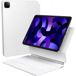 Clavier Magnétique pour iPad Air 11"" (M3/M2, 2025/2024)/ Air 5 2022/iPad Pro 11"" (4/3/2/1 Gen) /iPad Air 4 2020 10.9 Rétroéclairé Clavier Bluetooth sans Fil Français AZERTY avec Coque, Blanc - Neuf