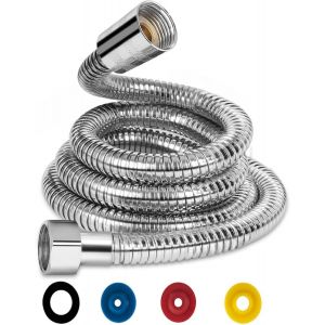 Flexible Douche Universel 3M/118IN Flexible de Douche Argent Tuyau de Douche en Acier Inoxydable Raccord Fileté Universel G1/2"" Flexible Douchette avec 4 Limiteur de Débit d'eau(connecteur en laiton) - Neuf