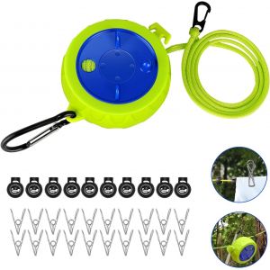 10M Corde a Linge Retractable avec 10 Boucles Fixes et 20 Pinces Coupe-VentCorde &agrave; Linge Portablepour Campingpour Vacances en Plein airSalle de BainbuanderieJardin ou Voyage - Neuf
