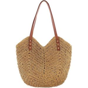 Sac à main en paille grande capacité pour femme, sac de plage d'été en rotin tissé en bambou, sac à main en osier, sac de vacances - Neuf