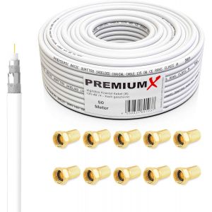 50m Câble coaxial Satellite SAT-135dB Blindé 4 Couches-Compatible avec DVB-S/S2,DVB-C,DVB-T-4K 1080p FULL HD HDTV-Câble d'Antenne Coaxial pour Installations CATV + 10 connecteurs F - Neuf