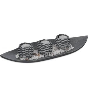 KALANKA-Porte-Bougies avec Plateau, avec 3 Bougies Chauffe-Plat et Pierres déco, bougeoir, Salon, Cuisine, Gris/Blanc - Neuf