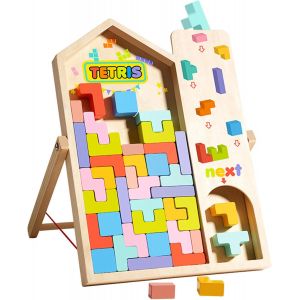 Ulteronixshop-Montessori Tetris Jeu en bois, puzzle empilable en bois Tetris avec support, puzzle interactif en bois pour parents et enfants, laissez tomber les blocs au hasard, 3D multicolore blocs - Neuf