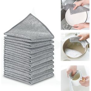 KGABERY-(10 Pièces) Chiffon De Nettoyage En Métal¿Éponge Métallique Pour Taches Tenaces,Chiffons À Vaisselle Polyvalents En Fil,Réutilisables (Double Couche) - Neuf